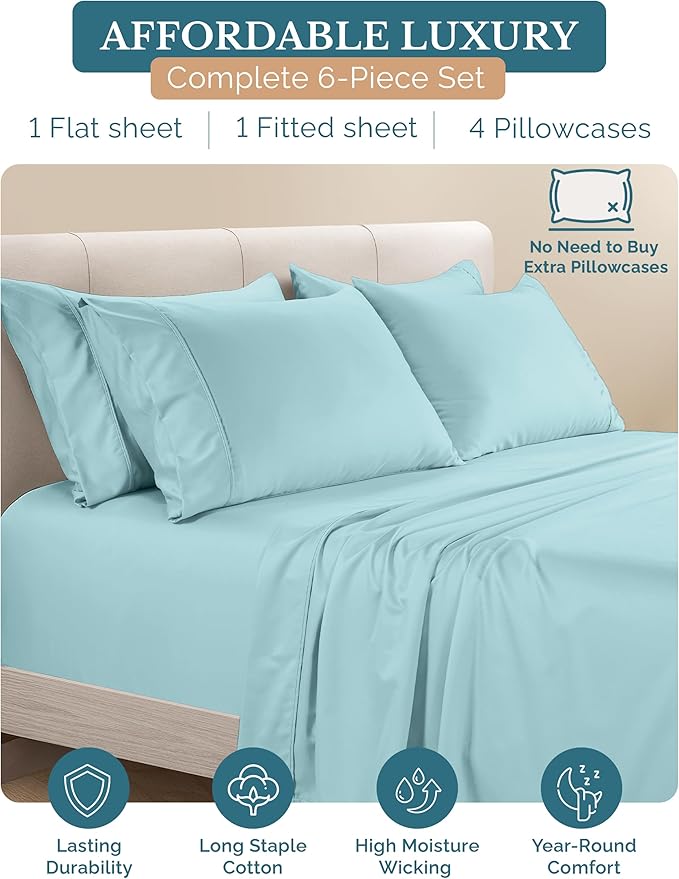 100% Cotton Bed Sheet Set - Queen - 15 in Deep Pocket - 6 Piece