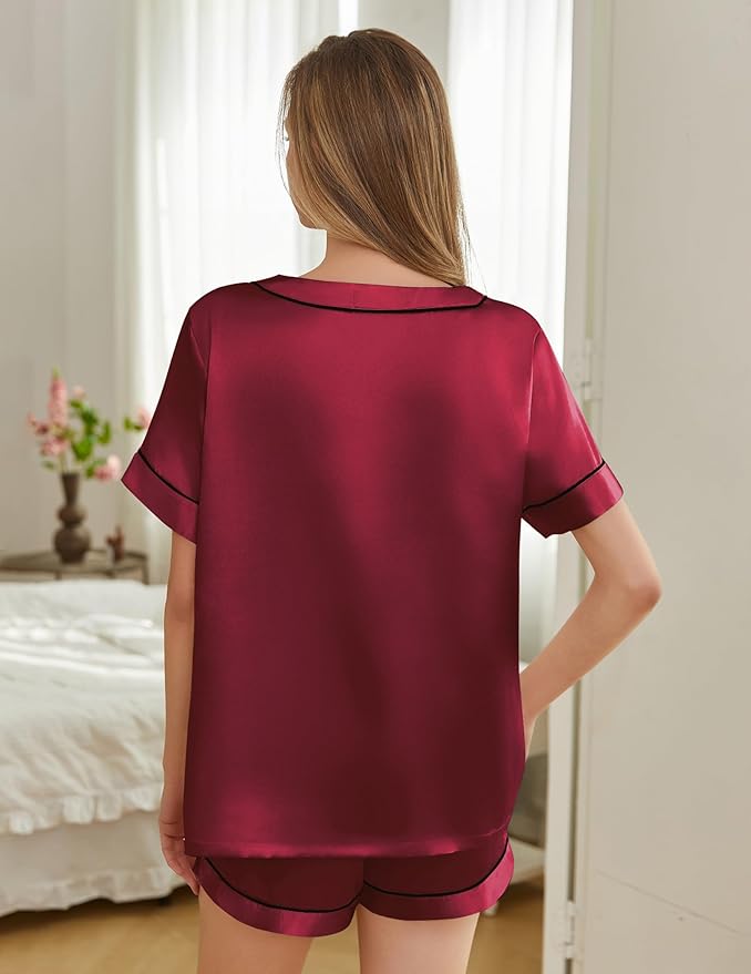 Women's Satin Pajama Set - Short Sleeve - 2 Piece