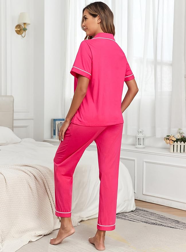 Women's 100% Cotton Pants Pajama Set - Short Sleeve - 2 Piece