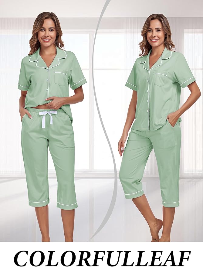 Women's 100% Cotton Capri Pajama Set - Short Sleeve - 2 Piece