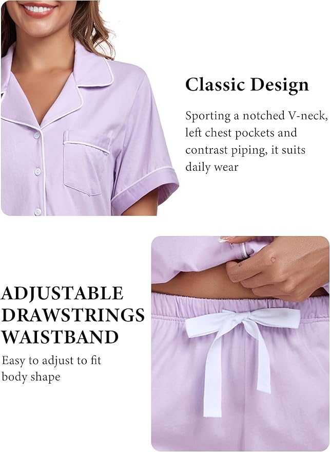 Women's 100% Cotton Capri Pajama Set - Short Sleeve - 2 Piece