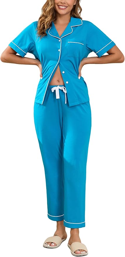 Women's 100% Cotton Pants Pajama Set - Short Sleeve - 2 Piece