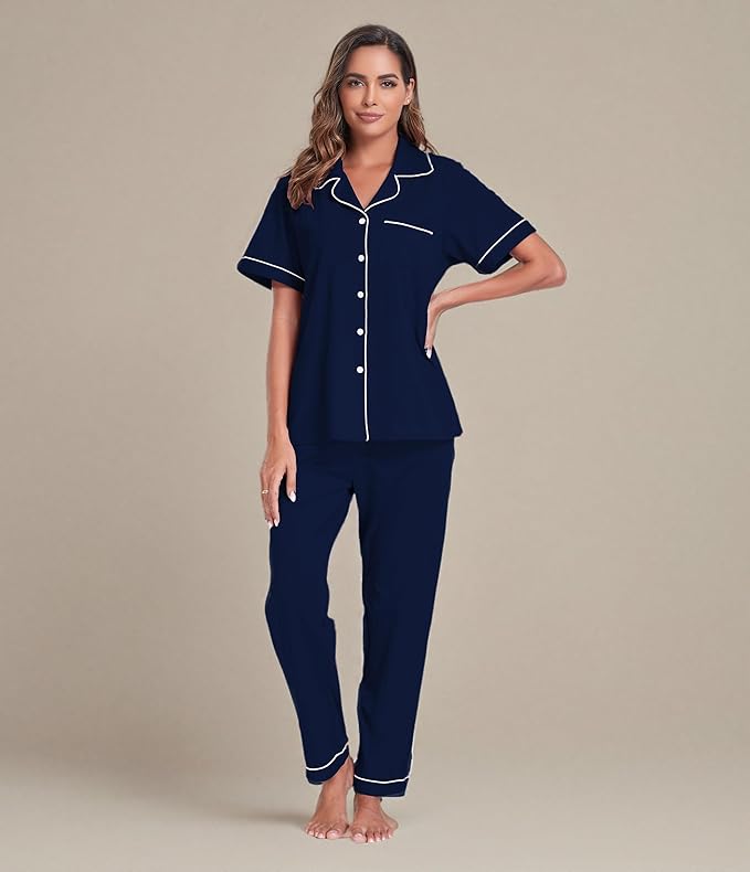Women's 100% Cotton Pants Pajama Set - Short Sleeve - 2 Piece