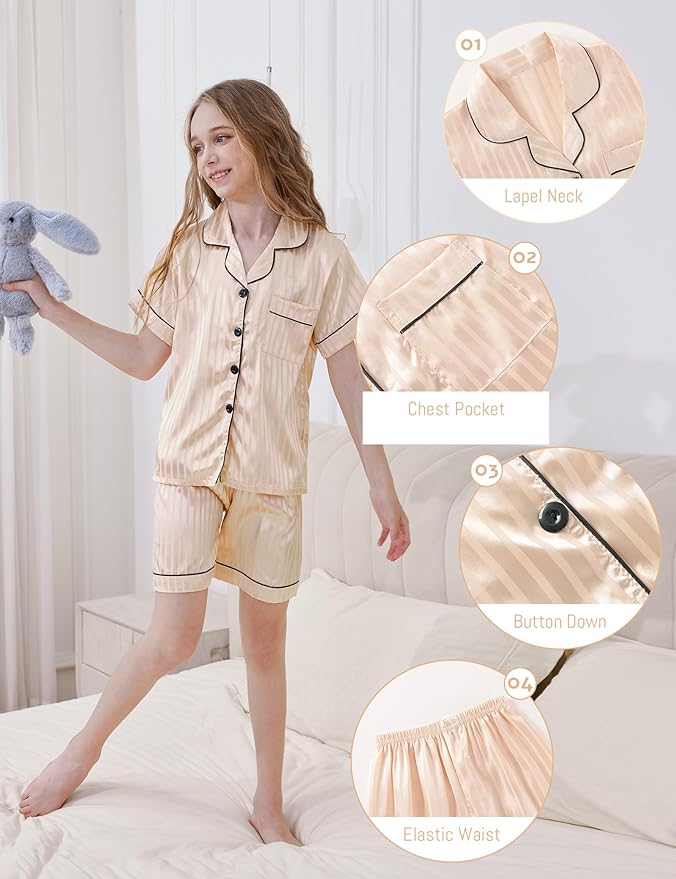 Satin Pajama Set - Short Sleeve - 2 Piece