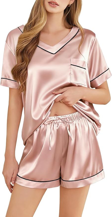 Women's Satin Pajama Set - Short Sleeve - 2 Piece