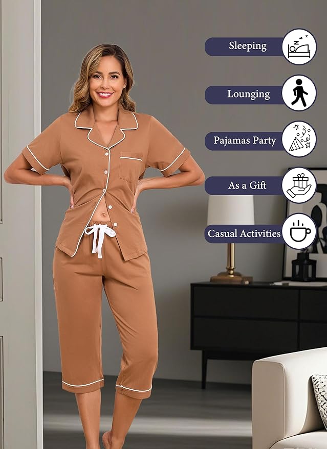 Women's 100% Cotton Capri Pajama Set - Short Sleeve - 2 Piece