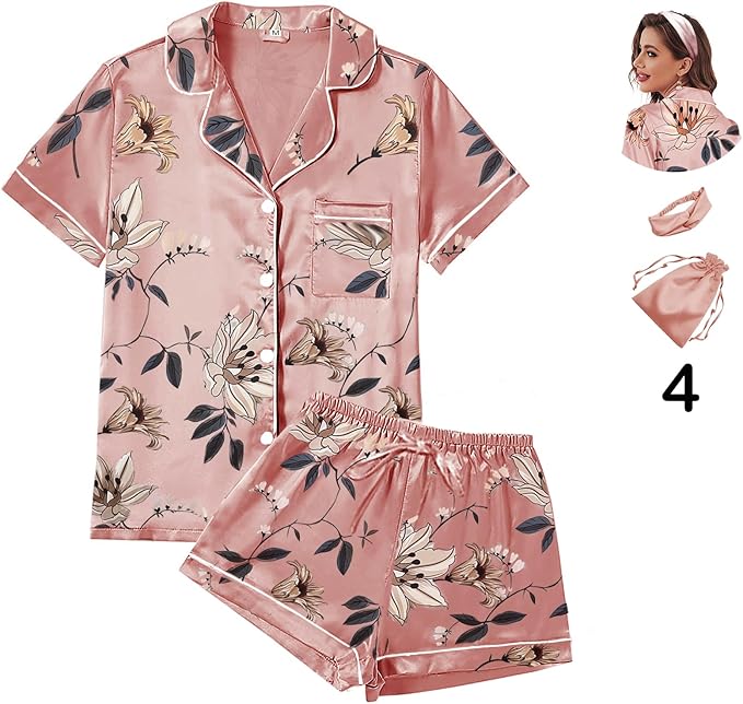 Satin Pajama Set - Short Sleeve - 4 Piece
