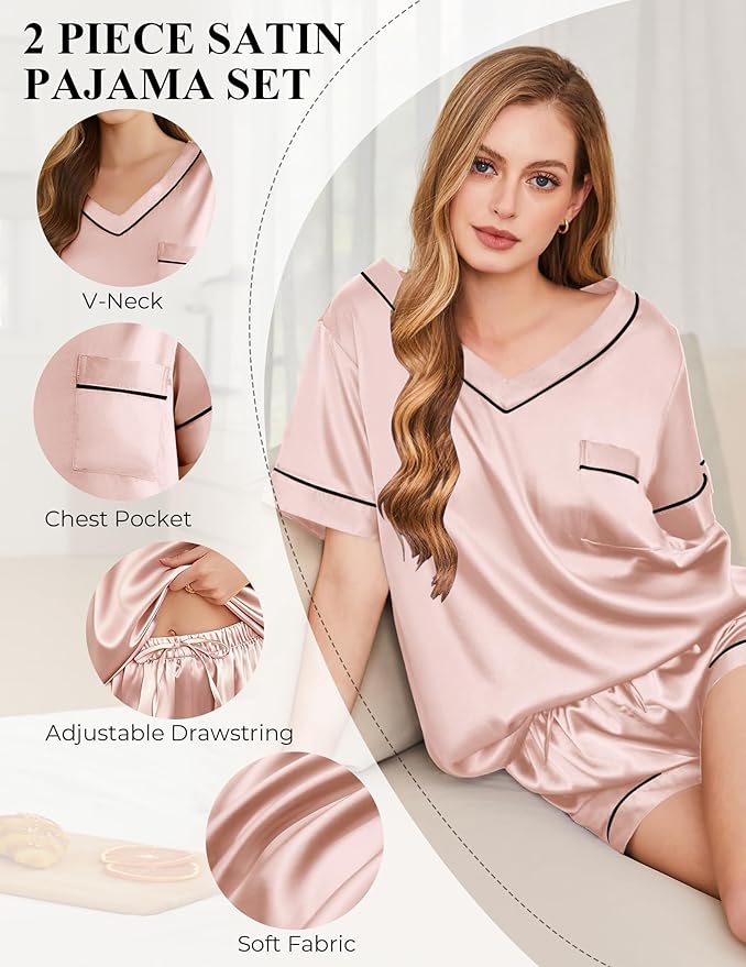 Women's Satin Pajama Set - Short Sleeve - 2 Piece