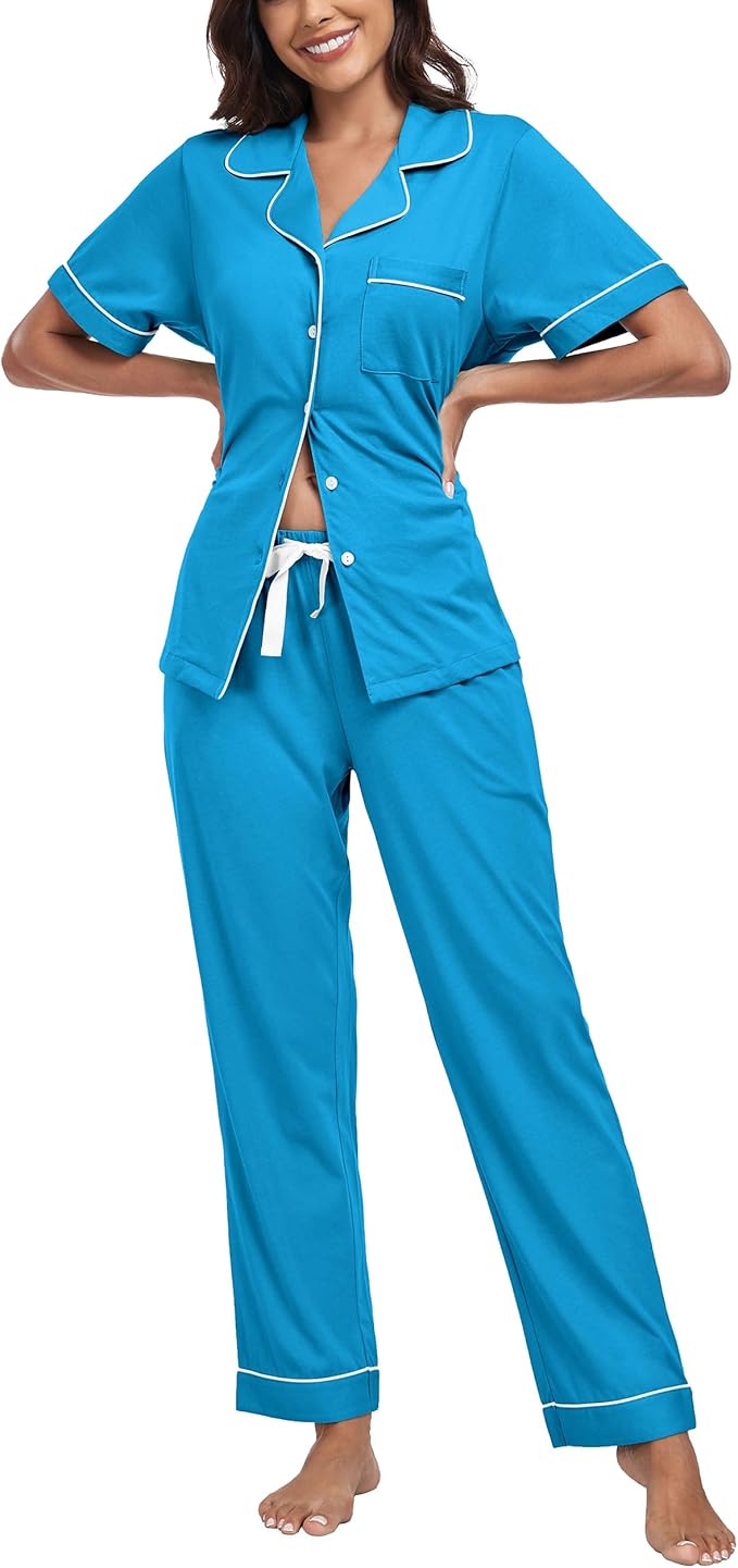 Women's 100% Cotton Pants Pajama Set - Short Sleeve - 2 Piece