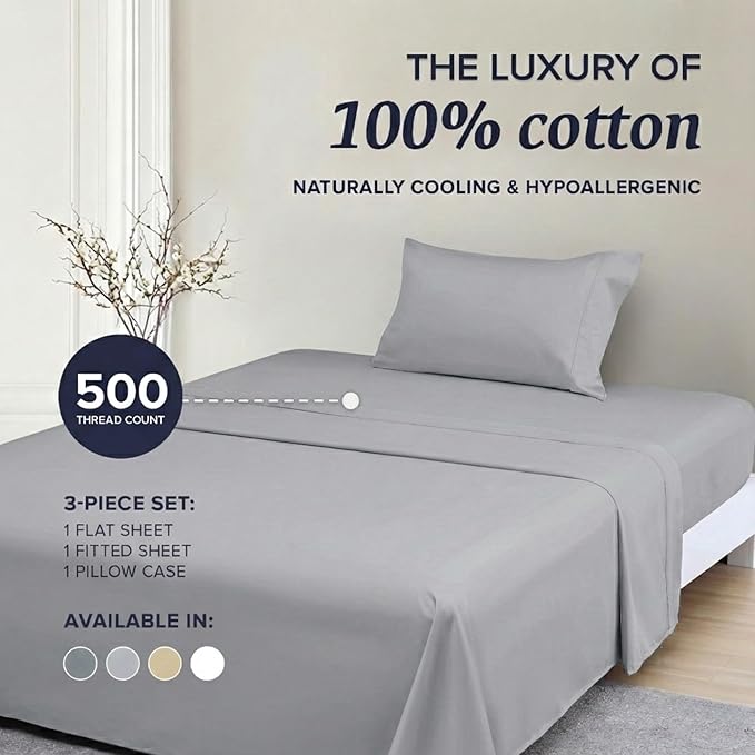 100% Cotton Bed Sheet Set - Twin XL - 3 Piece