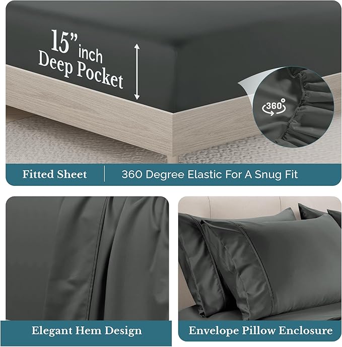 100% Cotton Bed Sheet Set - California King - 15 in Deep Pocket - 6 Piece