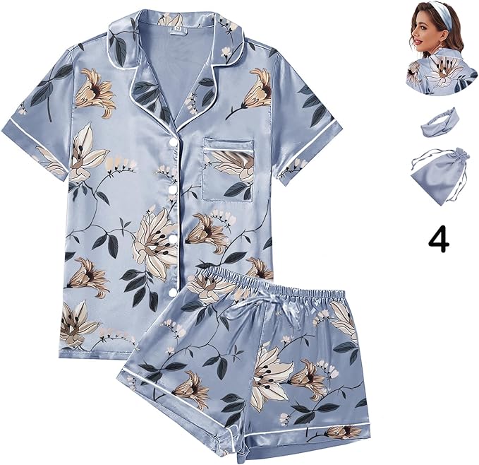 Satin Pajama Set - Short Sleeve - 4 Piece