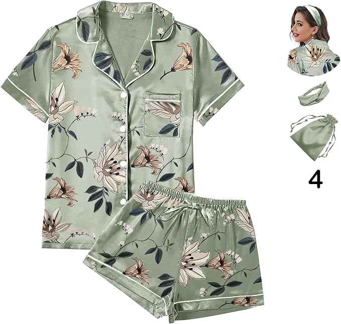 Satin Pajama Set - Short Sleeve - 4 Piece