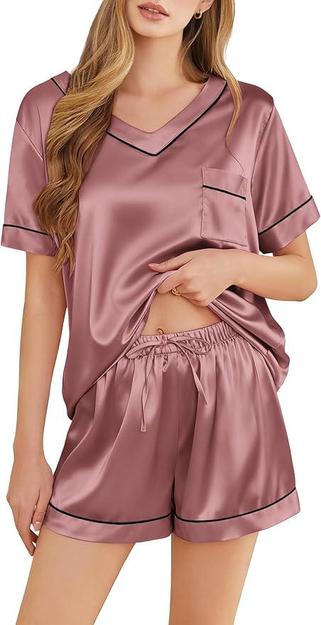 Women's Satin Pajama Set - Short Sleeve - 2 Piece