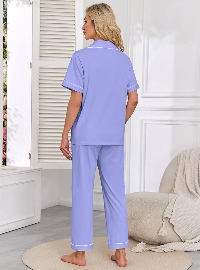 Women's 100% Cotton Pants Pajama Set - Short Sleeve - 2 Piece