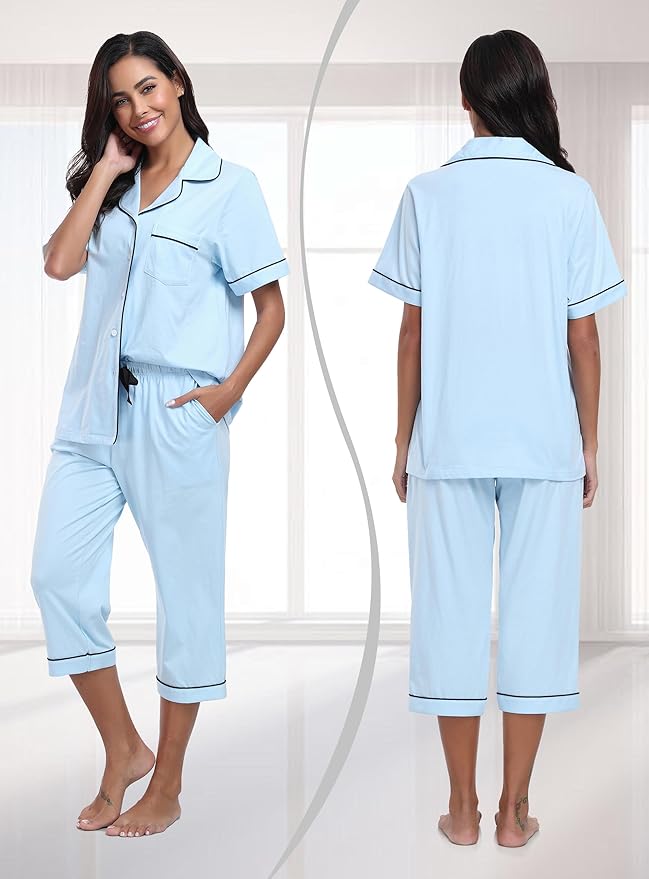 Women's 100% Cotton Capri Pajama Set - Short Sleeve - 2 Piece