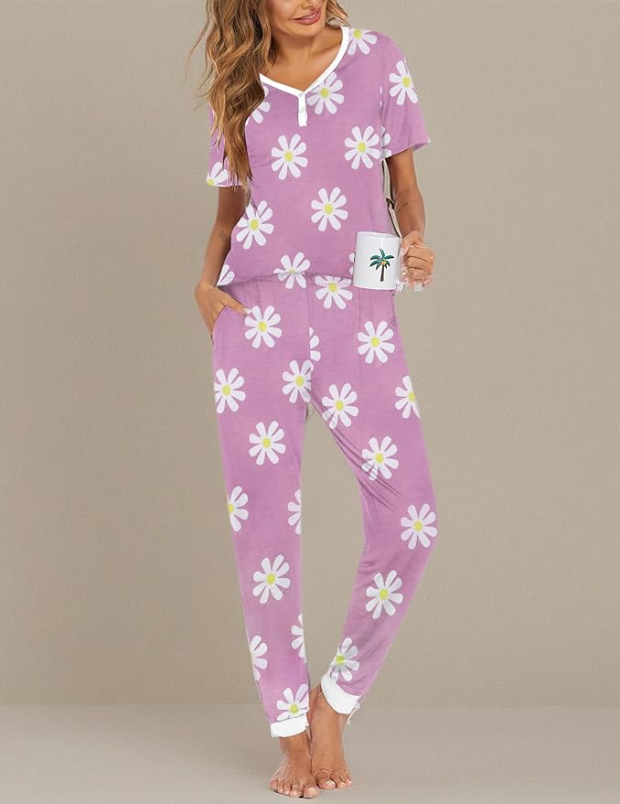 Women's Pants Pajama Set - Short Sleeve - 2 Piece