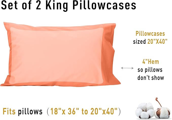 100% Cotton Pillowcase Set - King - 20 x 40 in - 2 Piece