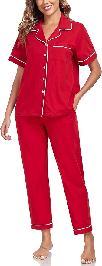 Women's 100% Cotton Pants Pajama Set - Short Sleeve - 2 Piece