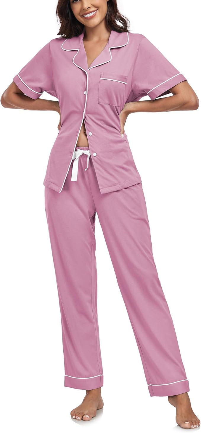 Women's 100% Cotton Pants Pajama Set - Short Sleeve - 2 Piece