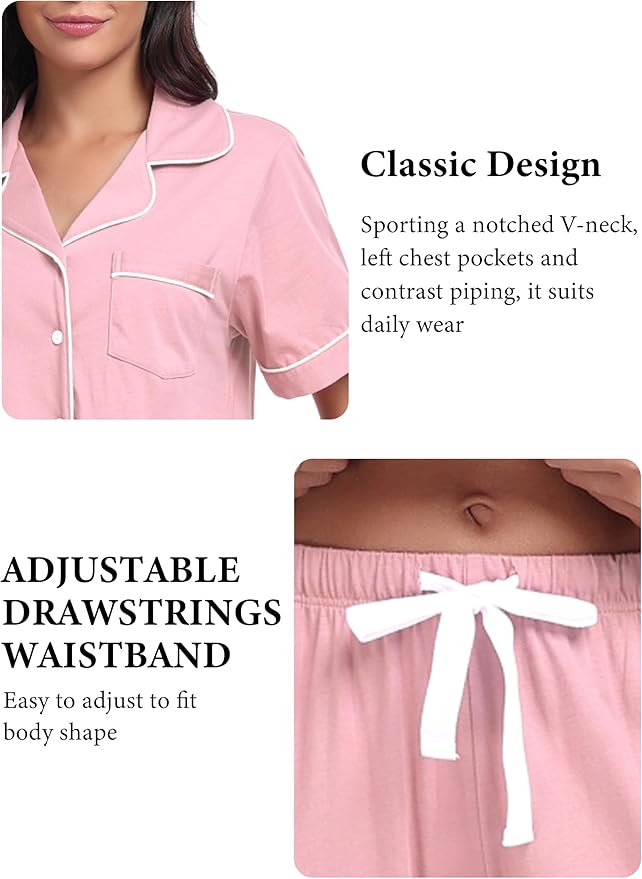 Women's 100% Cotton Capri Pajama Set - Short Sleeve - 2 Piece