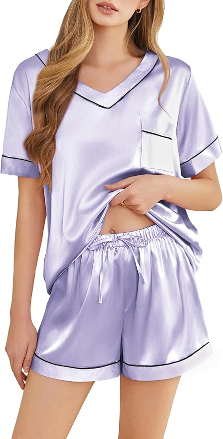 Women's Satin Pajama Set - Short Sleeve - 2 Piece