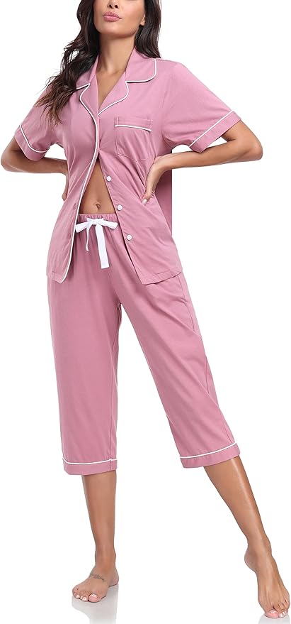 Women's 100% Cotton Capri Pajama Set - Short Sleeve - 2 Piece