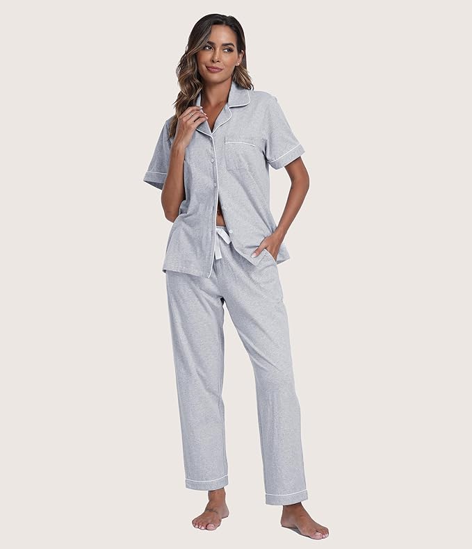 Women's 100% Cotton Pants Pajama Set - Short Sleeve - 2 Piece