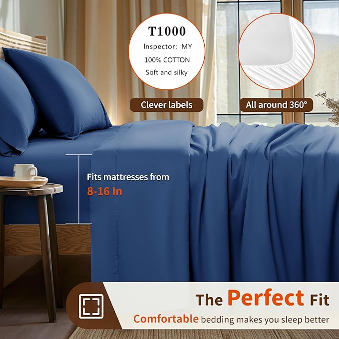 100% Cotton Bed Sheet Set - California King - 16 in Deep Pocket - 4 Piece