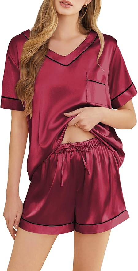 Women's Satin Pajama Set - Short Sleeve - 2 Piece