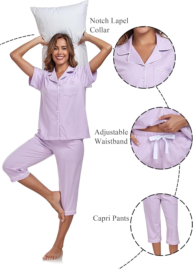 Women's 100% Cotton Capri Pajama Set - Short Sleeve - 2 Piece