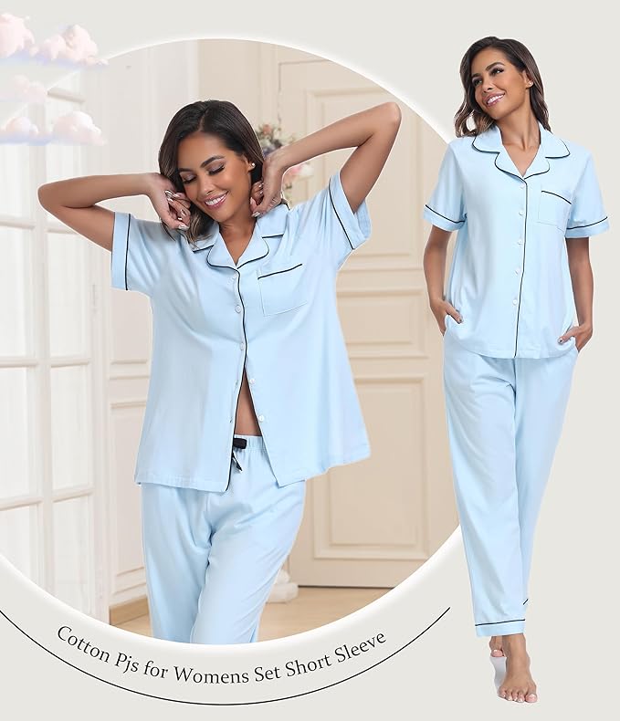 Women's 100% Cotton Pants Pajama Set - Short Sleeve - 2 Piece