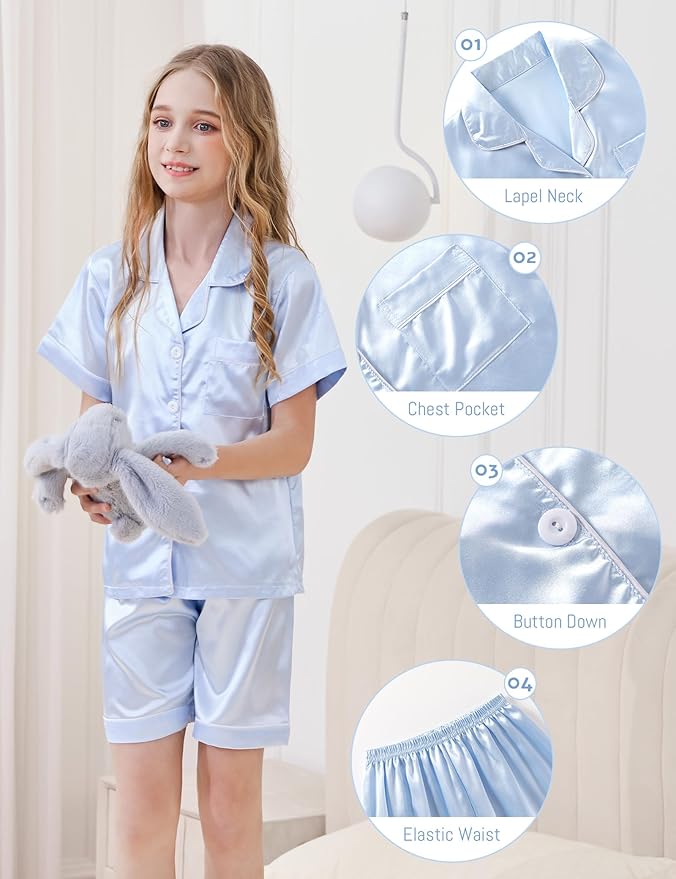 Satin Pajama Set - Short Sleeve - 2 Piece
