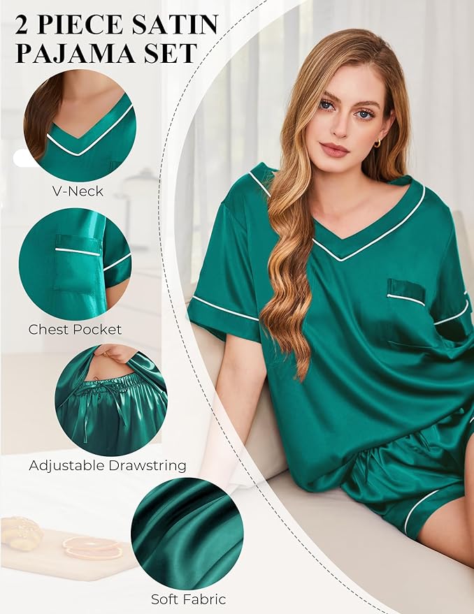 Women's Satin Pajama Set - Short Sleeve - 2 Piece