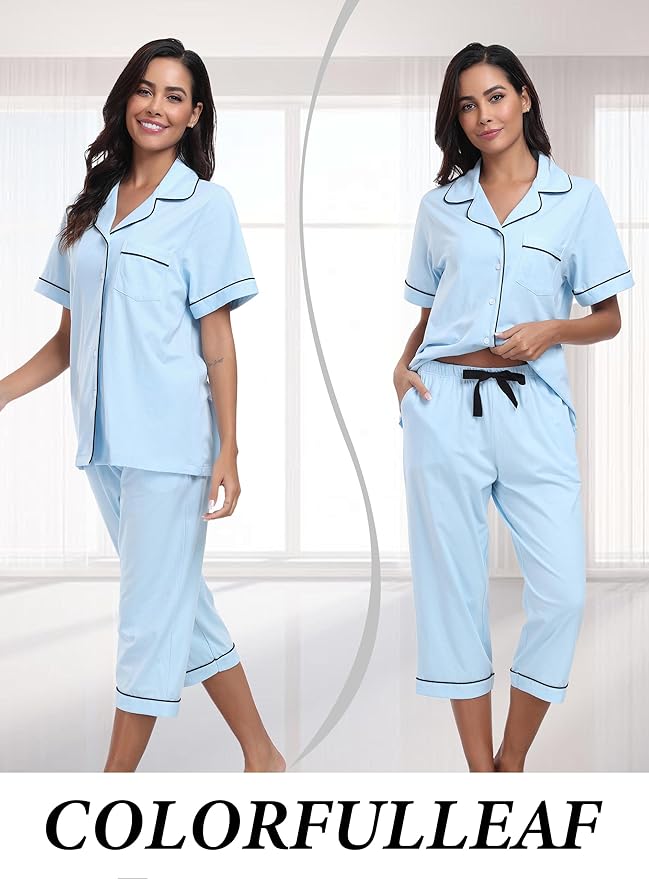 Women's 100% Cotton Capri Pajama Set - Short Sleeve - 2 Piece