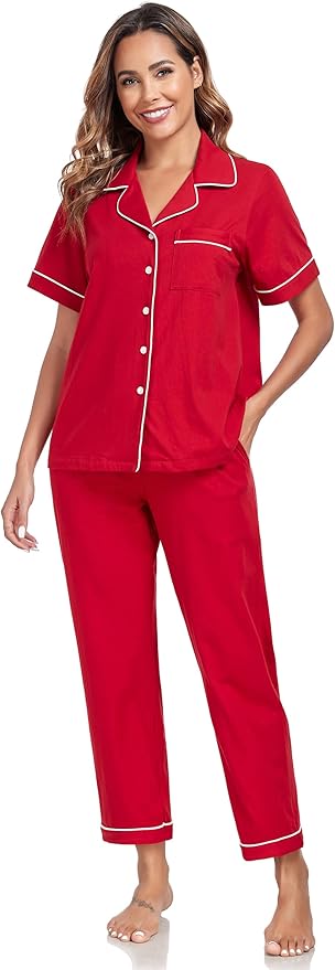 Women's 100% Cotton Pants Pajama Set - Short Sleeve - 2 Piece