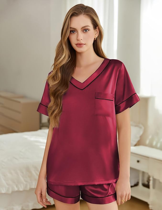 Women's Satin Pajama Set - Short Sleeve - 2 Piece