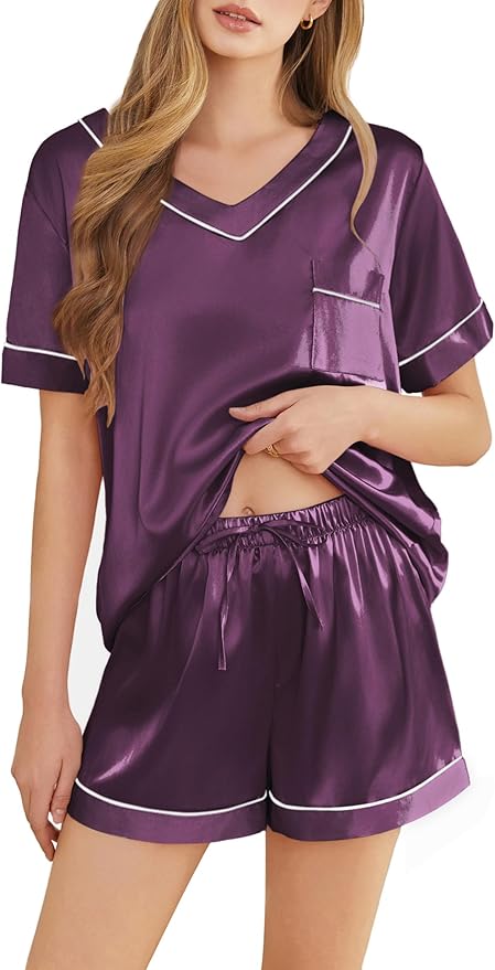 Women's Satin Pajama Set - Short Sleeve - 2 Piece