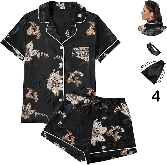Satin Pajama Set - Short Sleeve - 4 Piece