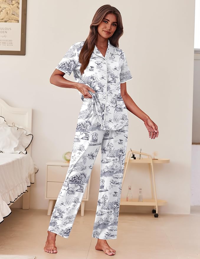 Women's Pants Pajama Set - Short Sleeve - 2 Piece