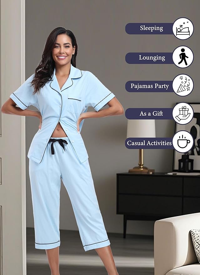Women's 100% Cotton Capri Pajama Set - Short Sleeve - 2 Piece