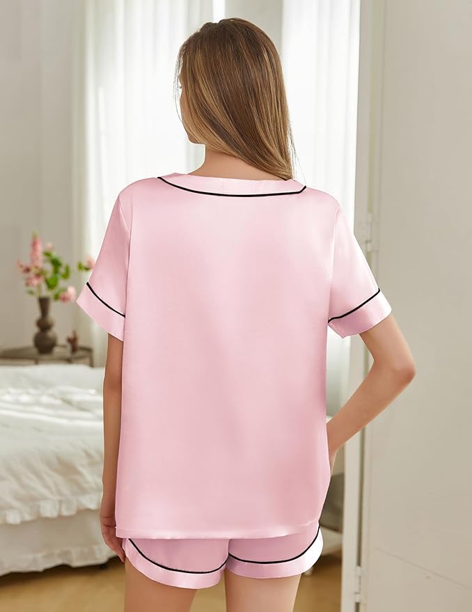 Women's Satin Pajama Set - Short Sleeve - 2 Piece