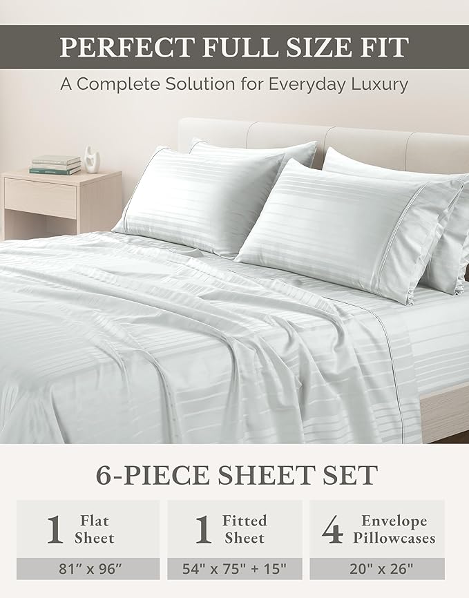 100% Cotton Bed Sheet Set - Full - 15 in Deep Pocket - 6 Piece