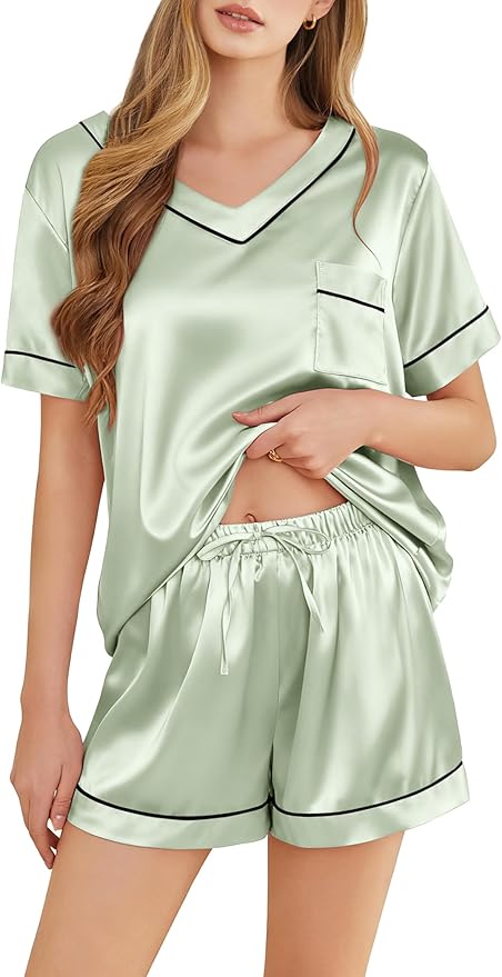 Women's Satin Pajama Set - Short Sleeve - 2 Piece