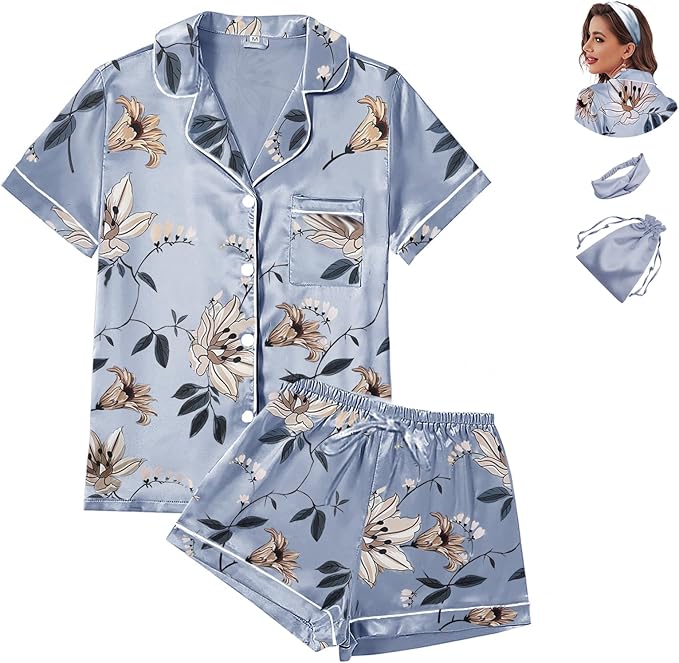 Satin Pajama Set - Short Sleeve - 4 Piece