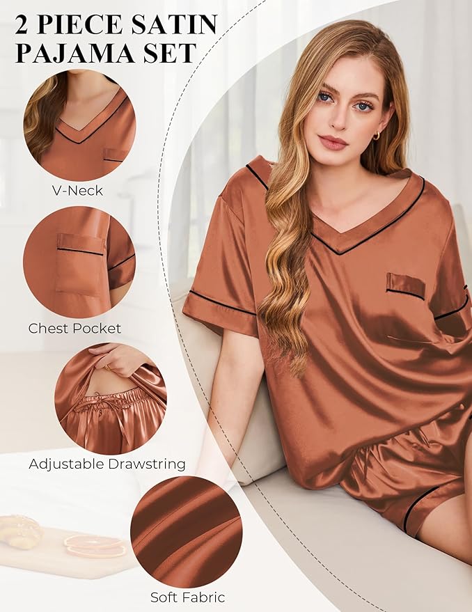Women's Satin Pajama Set - Short Sleeve - 2 Piece