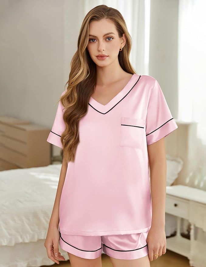 Women's Satin Pajama Set - Short Sleeve - 2 Piece