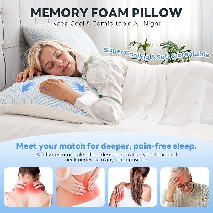 Memory Foam Cooling Bed Pillow - Standard - 2 Pack