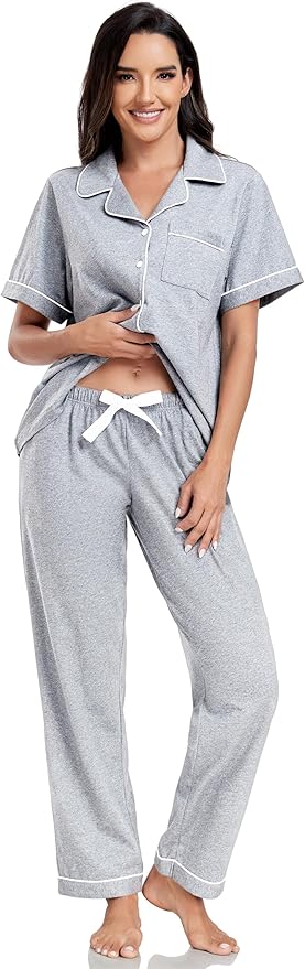 Women's 100% Cotton Pants Pajama Set - Short Sleeve - 2 Piece