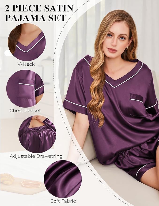 Women's Satin Pajama Set - Short Sleeve - 2 Piece